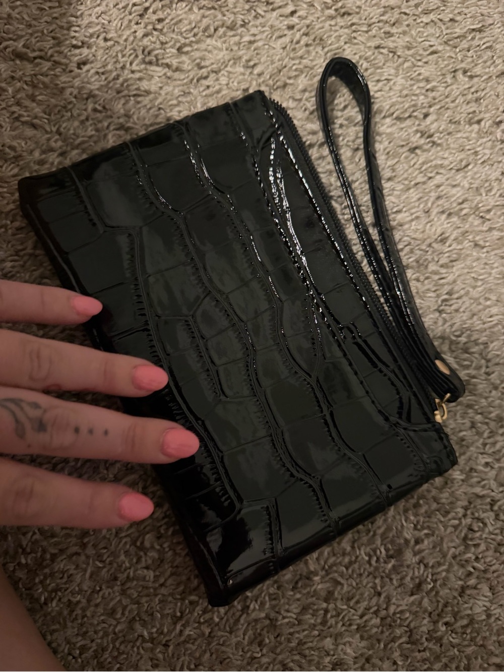 Glossy Black Croc-Embossed Wristlet Clutch